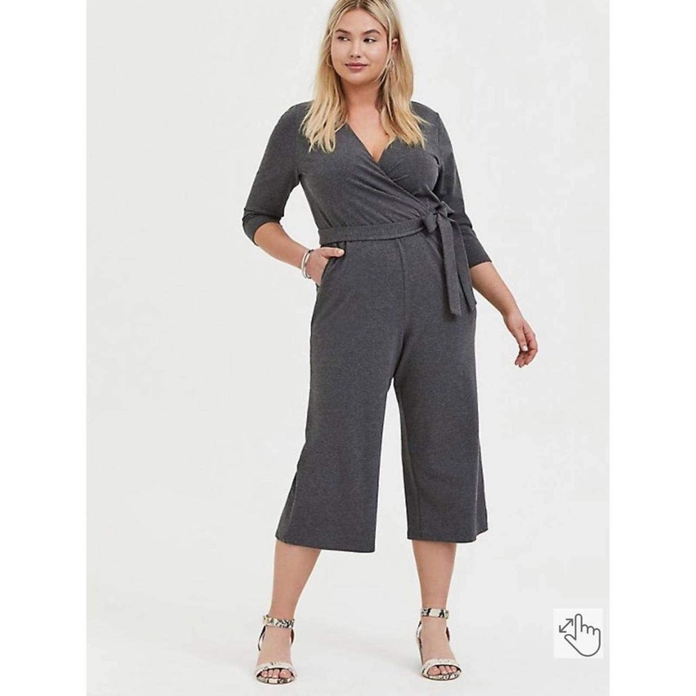 Torrid Charcoal Gray Surplice Stretch Knit Cropped Wide Leg Jumpsuit‎ Size 1X